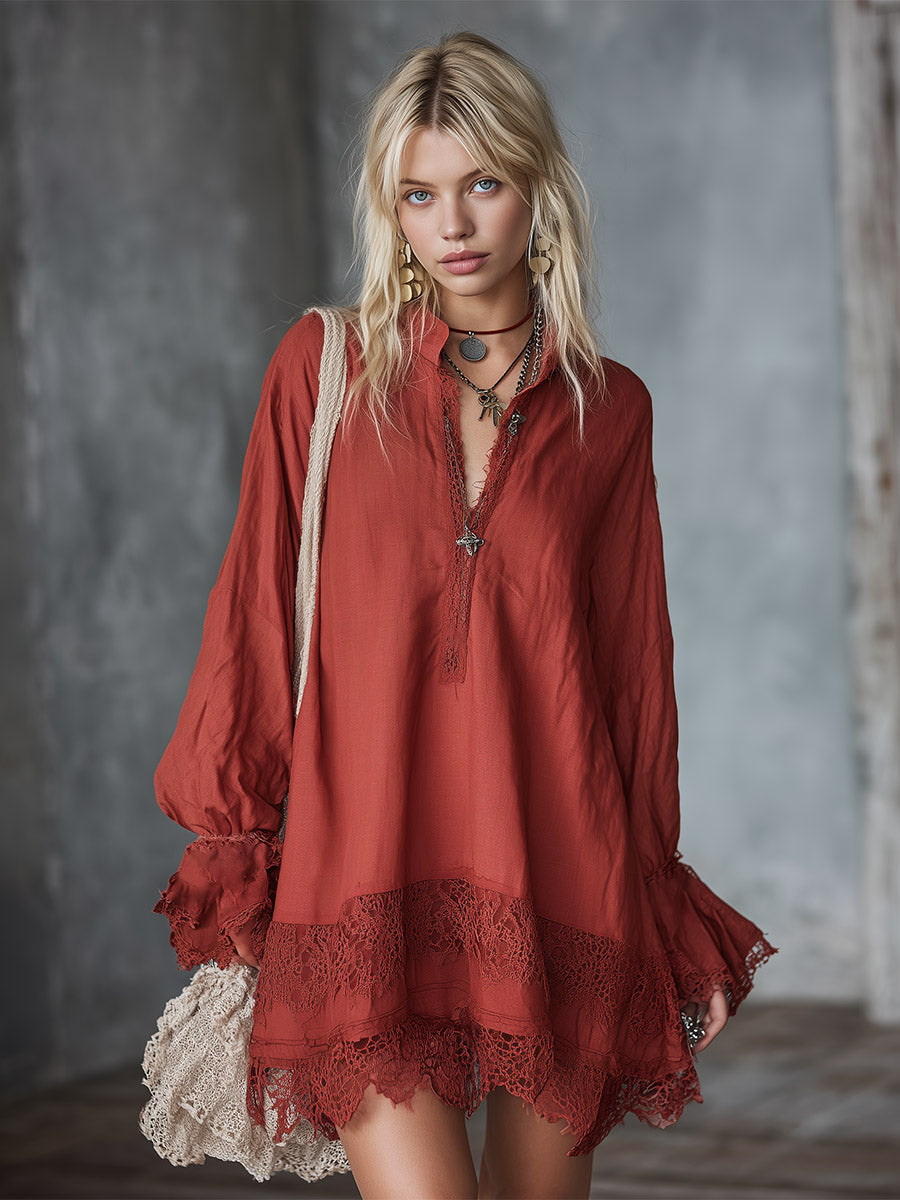 Vintage Loose-Fit Lace-Trimmed Red Cotton-Linen Long-Sleeve Mini Dress