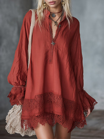 Vintage Loose-Fit Lace-Trimmed Red Cotton-Linen Long-Sleeve Mini Dress