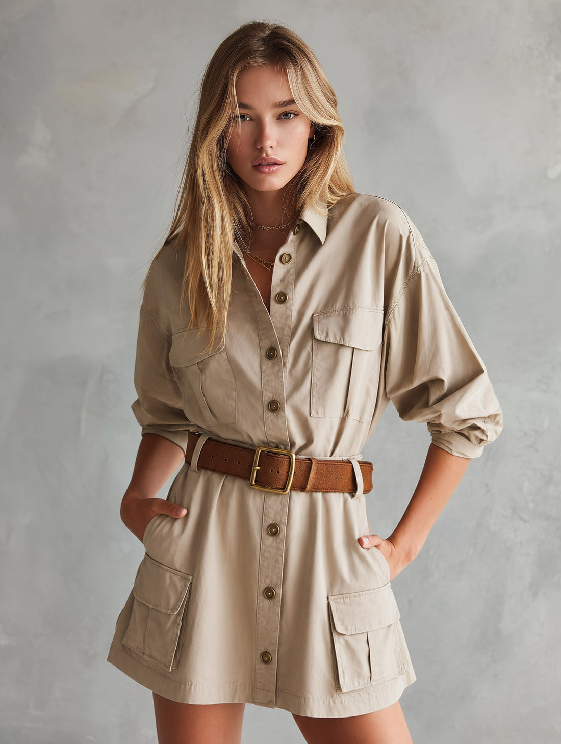 Stylish Khaki Multi-Pocket Long-Sleeve Utility Mini Dress