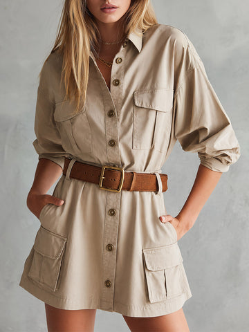 Stylish Khaki Multi-Pocket Long-Sleeve Utility Mini Dress