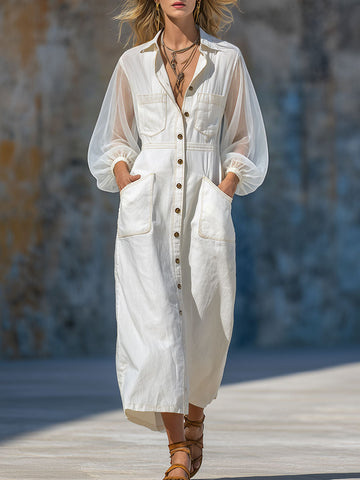 Casual Retro Chiffon Long-sleeved White Cotton Midi Dress