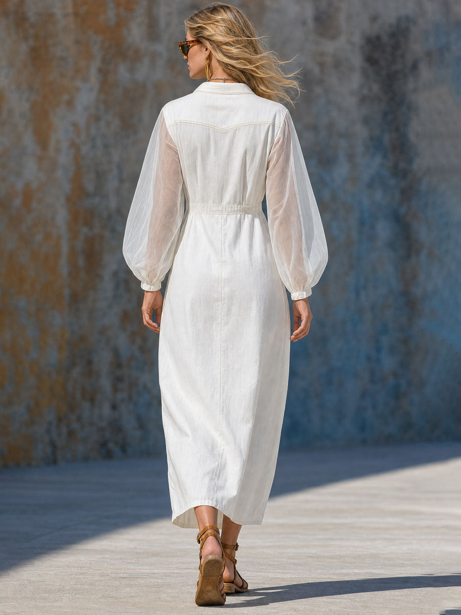 Casual Retro Chiffon Long-sleeved White Cotton Midi Dress