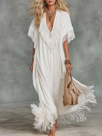 Flowy Boho V-neck With Front Zipper White Cotton-linen Tassel Maxi Dress