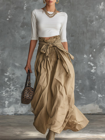 Elegant Vintage-style White Mid-sleeve Top And Khaki Skirt Cotton Set