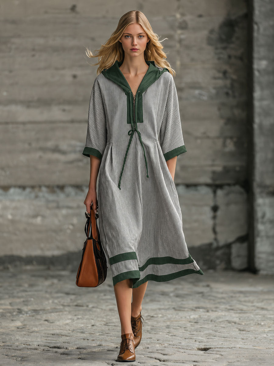 Casual Retro Black And White Striped Green Hooded Cotton Midi Dress