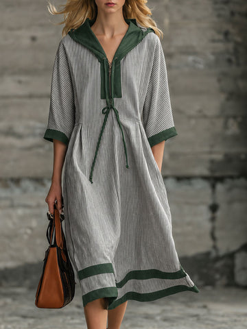 Casual Retro Black And White Striped Green Hooded Cotton Midi Dress