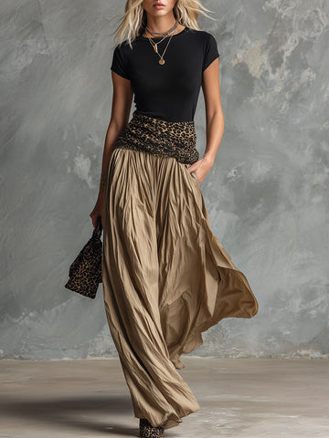 Vintage-style Elegant Leopard-print And Black Patchwork Khaki Maxi Dress