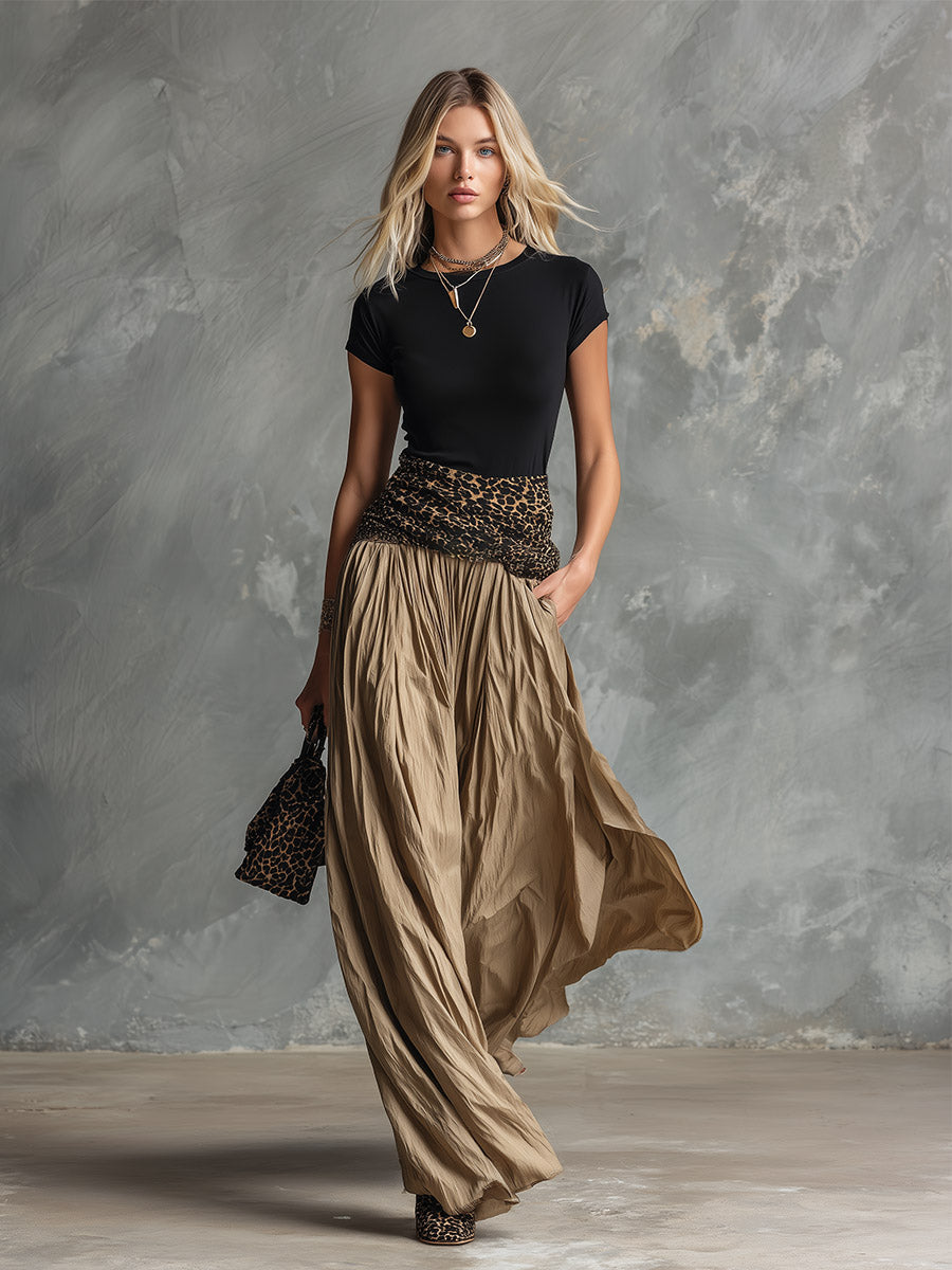 Vintage-style Elegant Leopard-print And Black Patchwork Khaki Maxi Dress