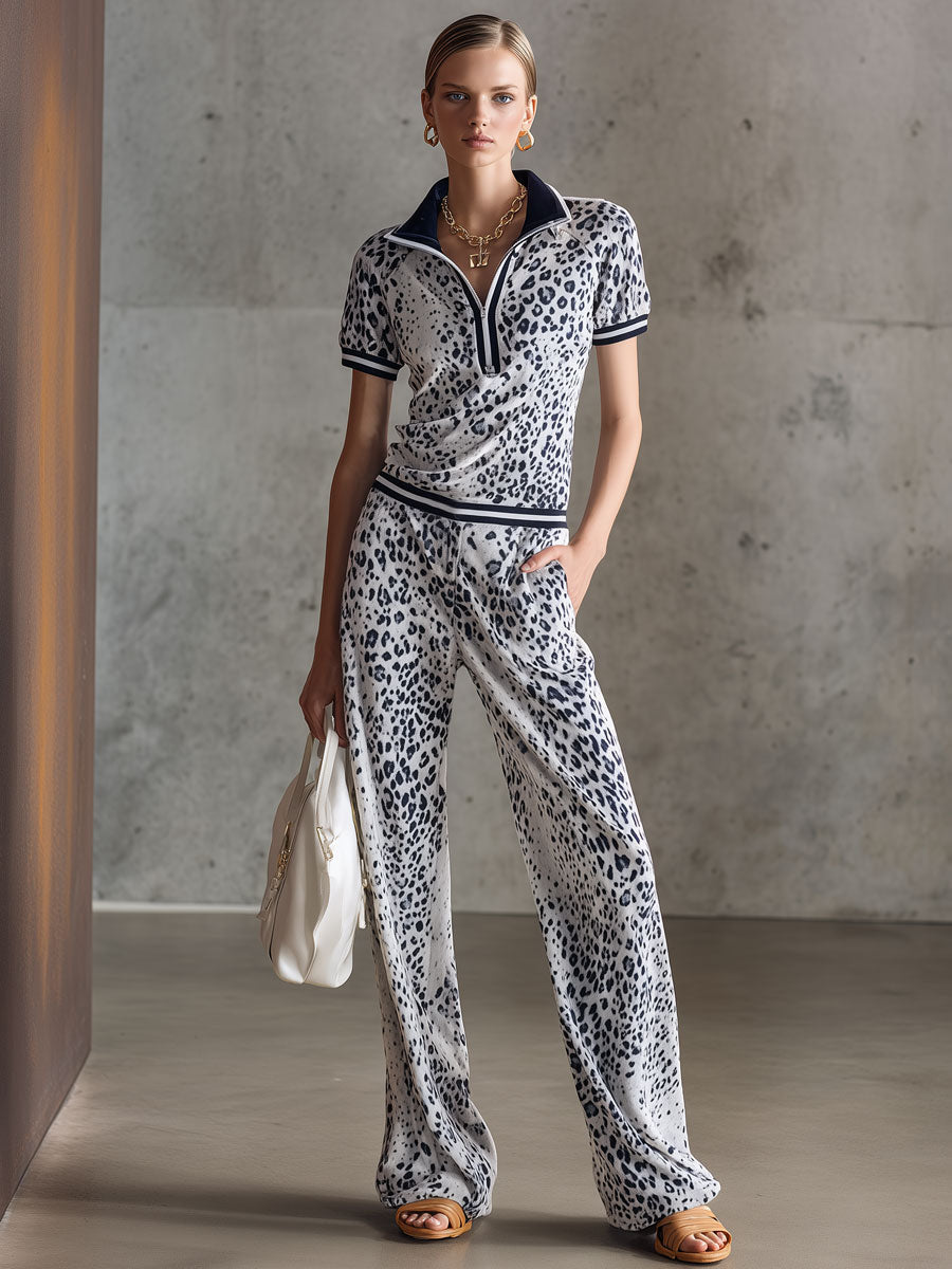 Casual Retro Short-Sleeve Leopard Print Gray Velvet Top And Pants Set