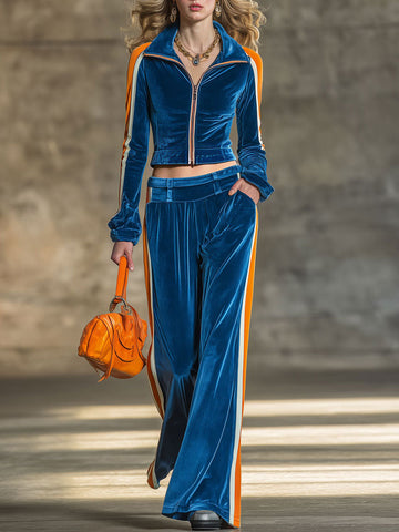 Casual Retro Color-blocked Long-sleeved Royal Blue Velvet Top And Pants Set
