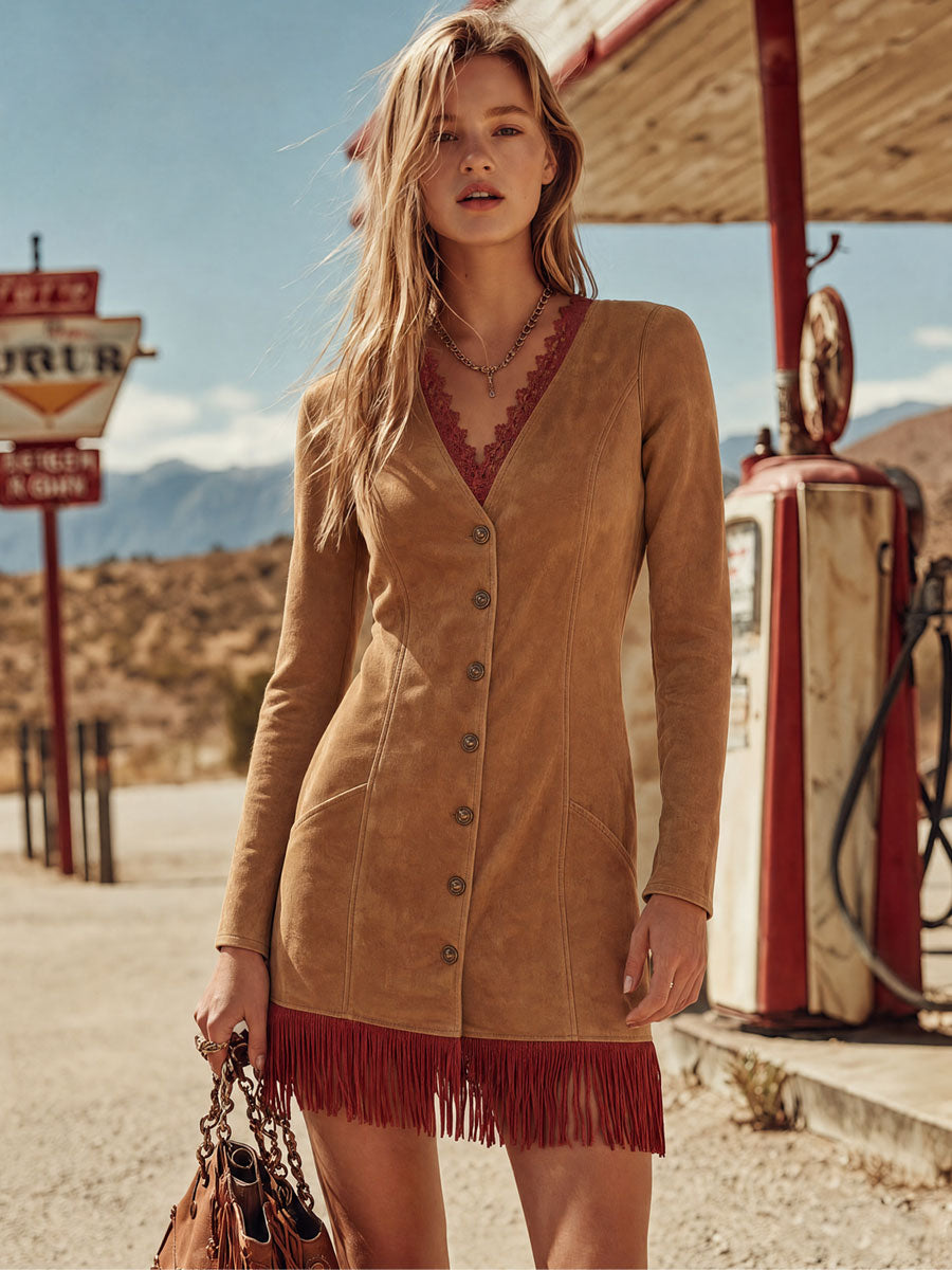 Western-style Vintage Lace Tassel Brown Single-breasted Faux Suede Mini Dress