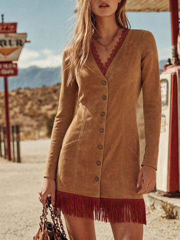 Western-style Vintage Lace Tassel Brown Single-breasted Faux Suede Mini Dress