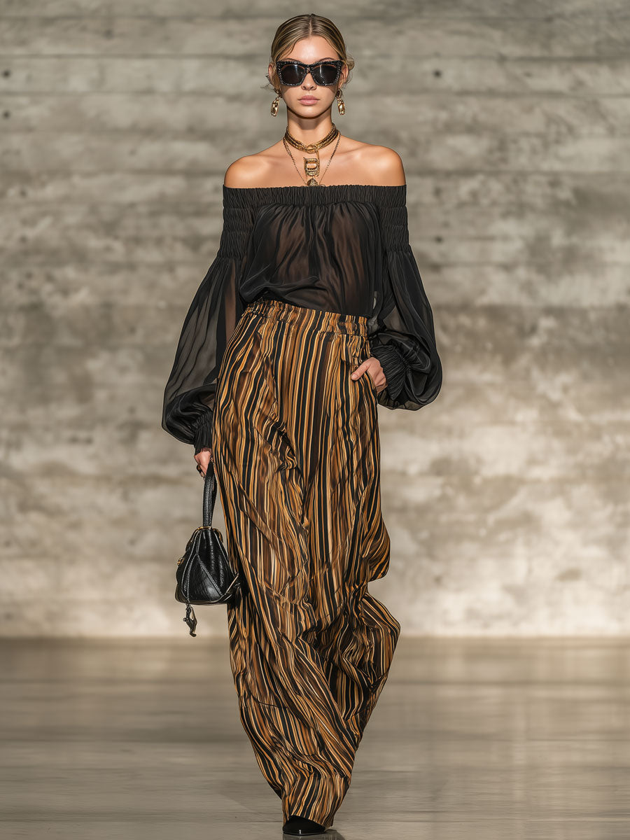 Elegant Retro Chiffon Black Long-sleeved Top And Striped Wide-leg Pants Set