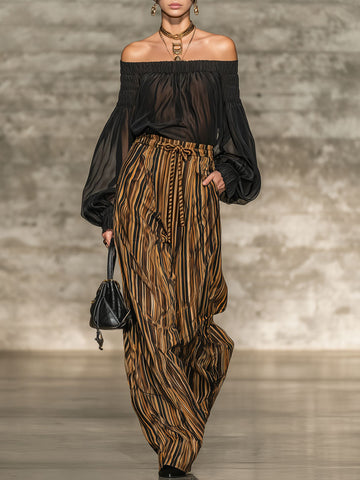 Elegant Retro Chiffon Black Long-sleeved Top And Striped Wide-leg Pants Set