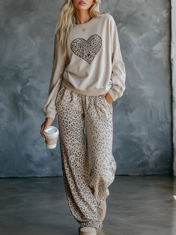 Casual-chic Oatmeal Heart-print Sweatshirt And Leopard-print Sweatpants Set