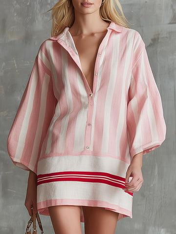 Casual Retro Pink Striped Hooded Button-down Cotton Linen Mini Dress