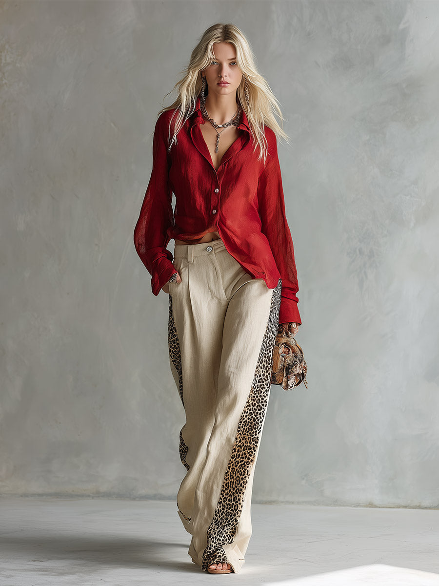 Charming Retro Red Shirt & Oatmeal-colored Leopard-trim Wide-leg Cotton-linen Set