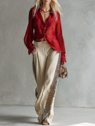 Charming Retro Red Shirt & Oatmeal-colored Leopard-trim Wide-leg Cotton-linen Set