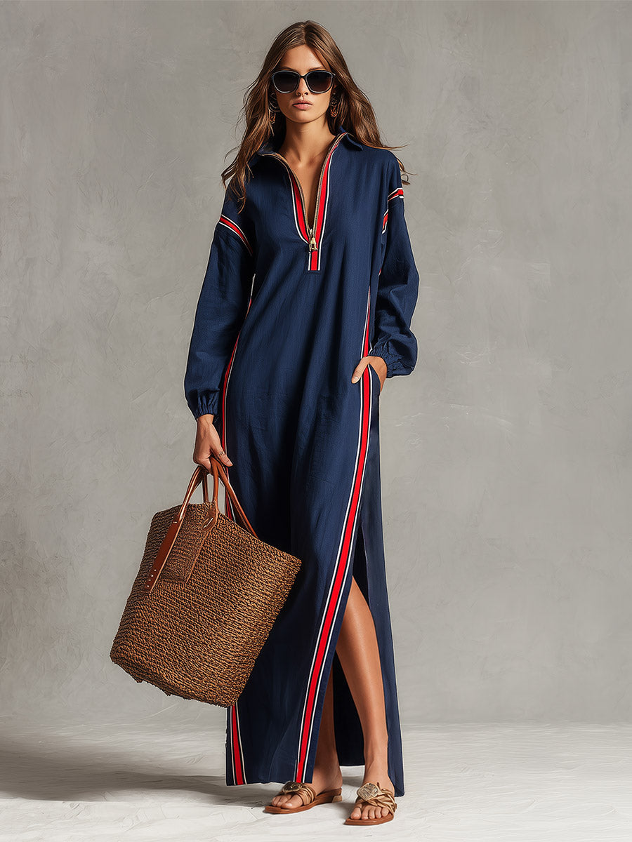 Retro Casual Red-trimmed Navy Cotton Maxi Dress
