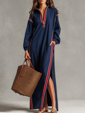 Retro Casual Red-trimmed Navy Cotton Maxi Dress