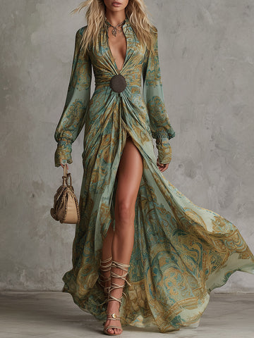 Charming Vintage-style V-neck Green Abstract Print Maxi Dress