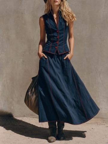 Retro-chic Blue Matching Skirt Set