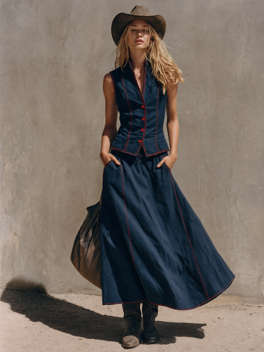 Retro-chic Blue Matching Skirt Set