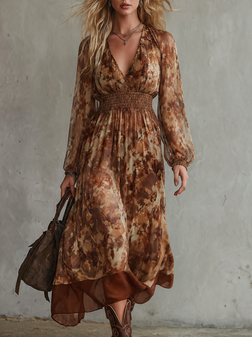 Vintage-style Casual Yet Elegant Western-inspired Printed Chiffon Dress