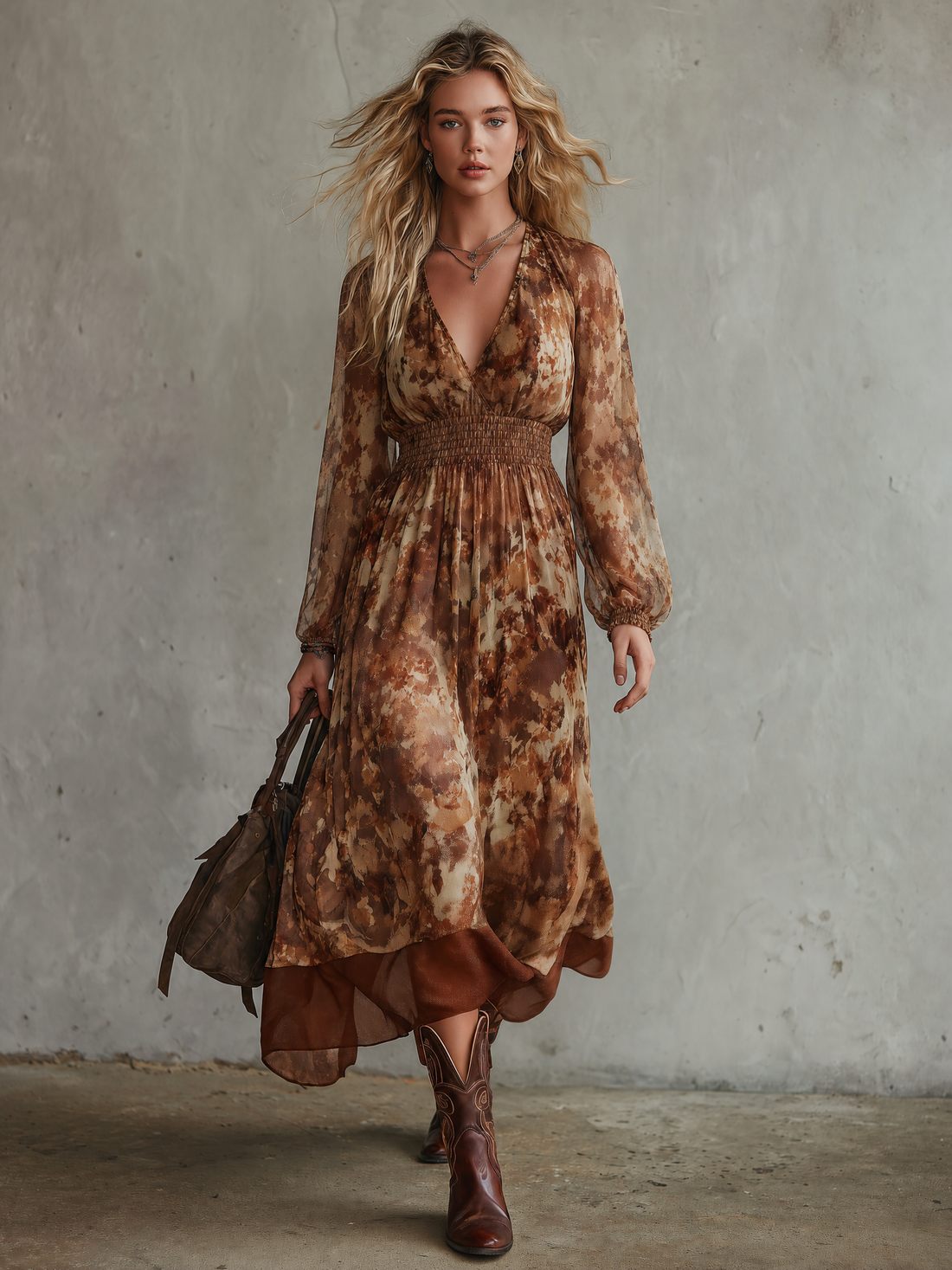 Vintage-style Casual Yet Elegant Western-inspired Printed Chiffon Dress