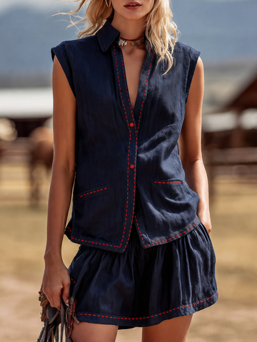Retro-casual Elegant Western-style Blue Skirt Set