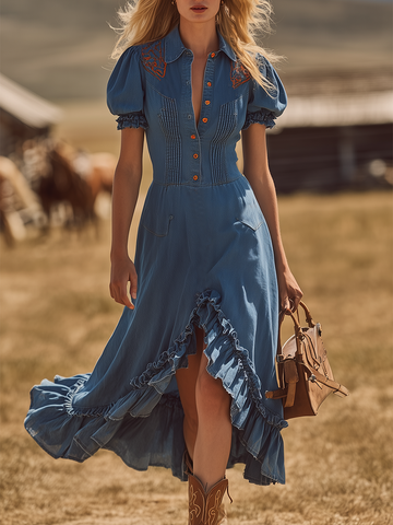 Vintage Bohemian Embroidered Ruffle Denim Midi Dress