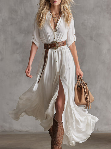Vintage-inspired Elegance White Collared Single-breasted Maxi Dress