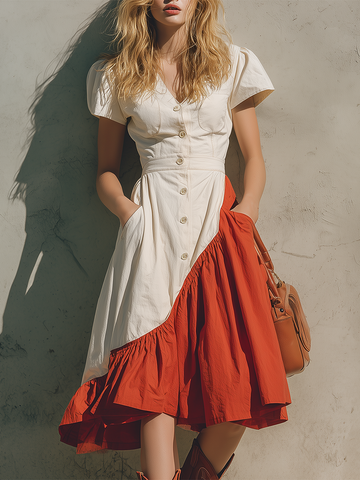 Vintage Bohemian Contrast-panel Denim Midi Dress