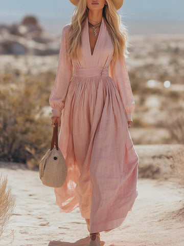 Bohemian West Resort Elegant Long-sleeved Cotton Linen Dress