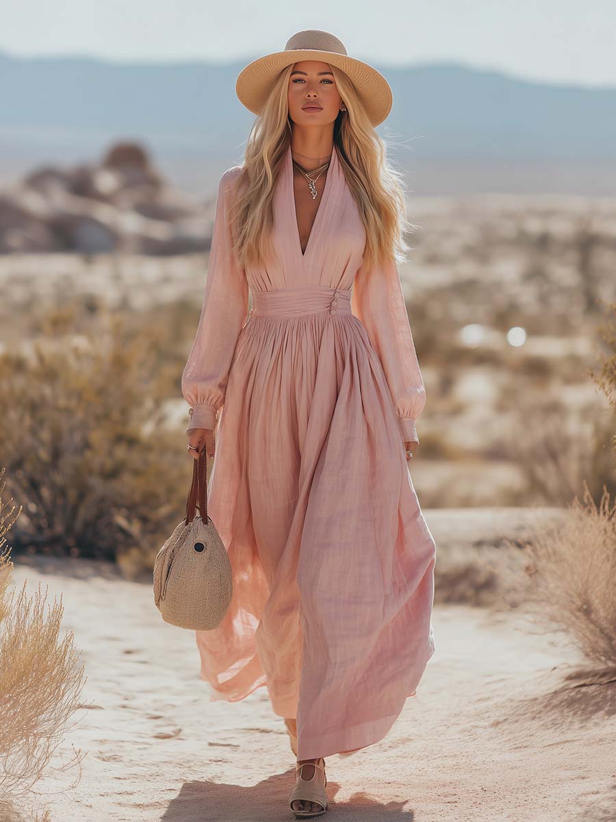 Bohemian West Resort Elegant Long-sleeved Cotton Linen Dress