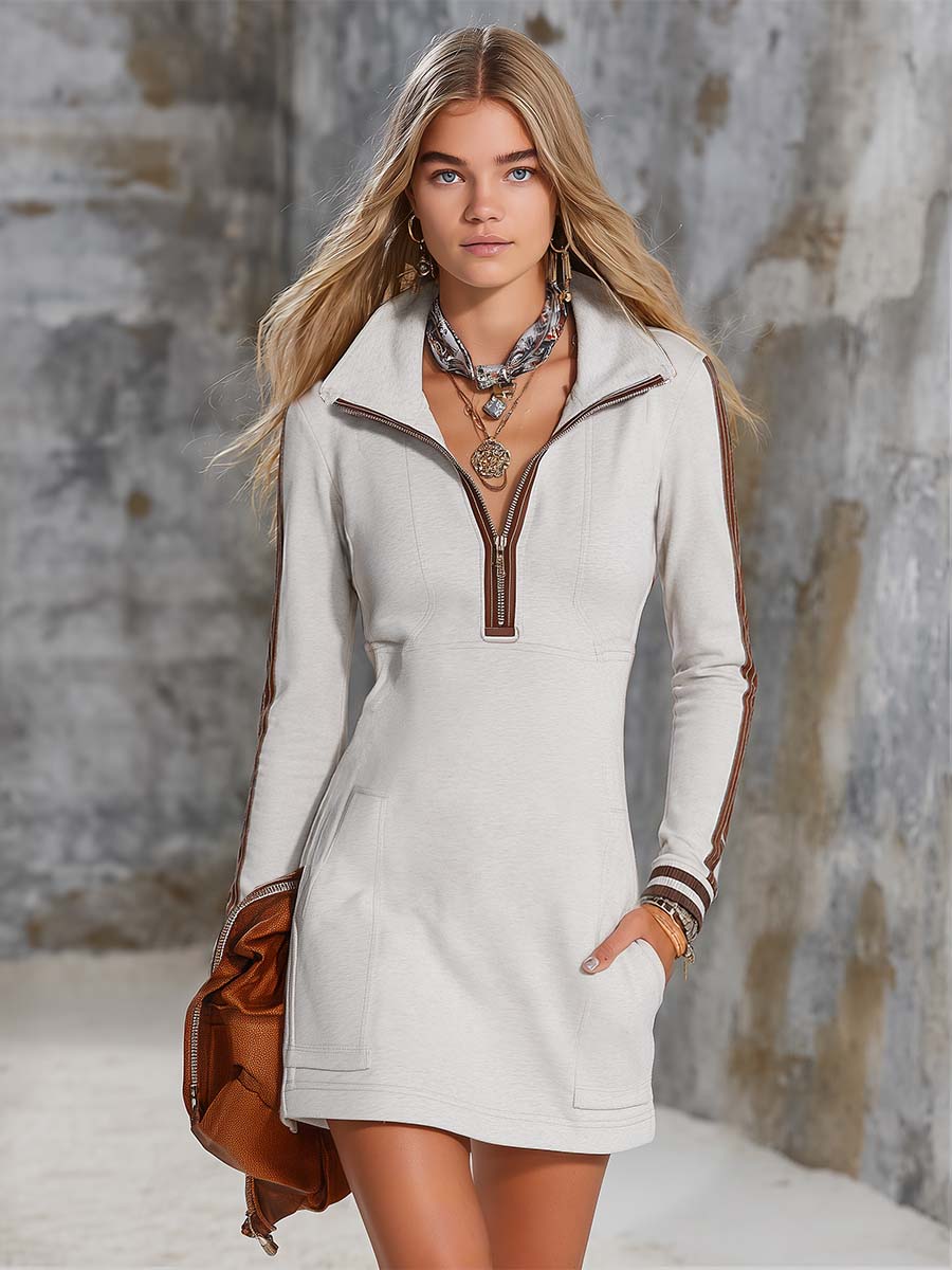 Sporty Retro Color-blocked Trim Half-zip Long-sleeved Mini Dress