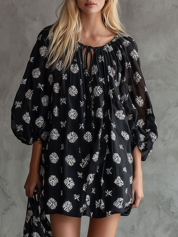 Retro Bohemian Print Black Round Neck Tie-Waist Chiffon Mini Dress