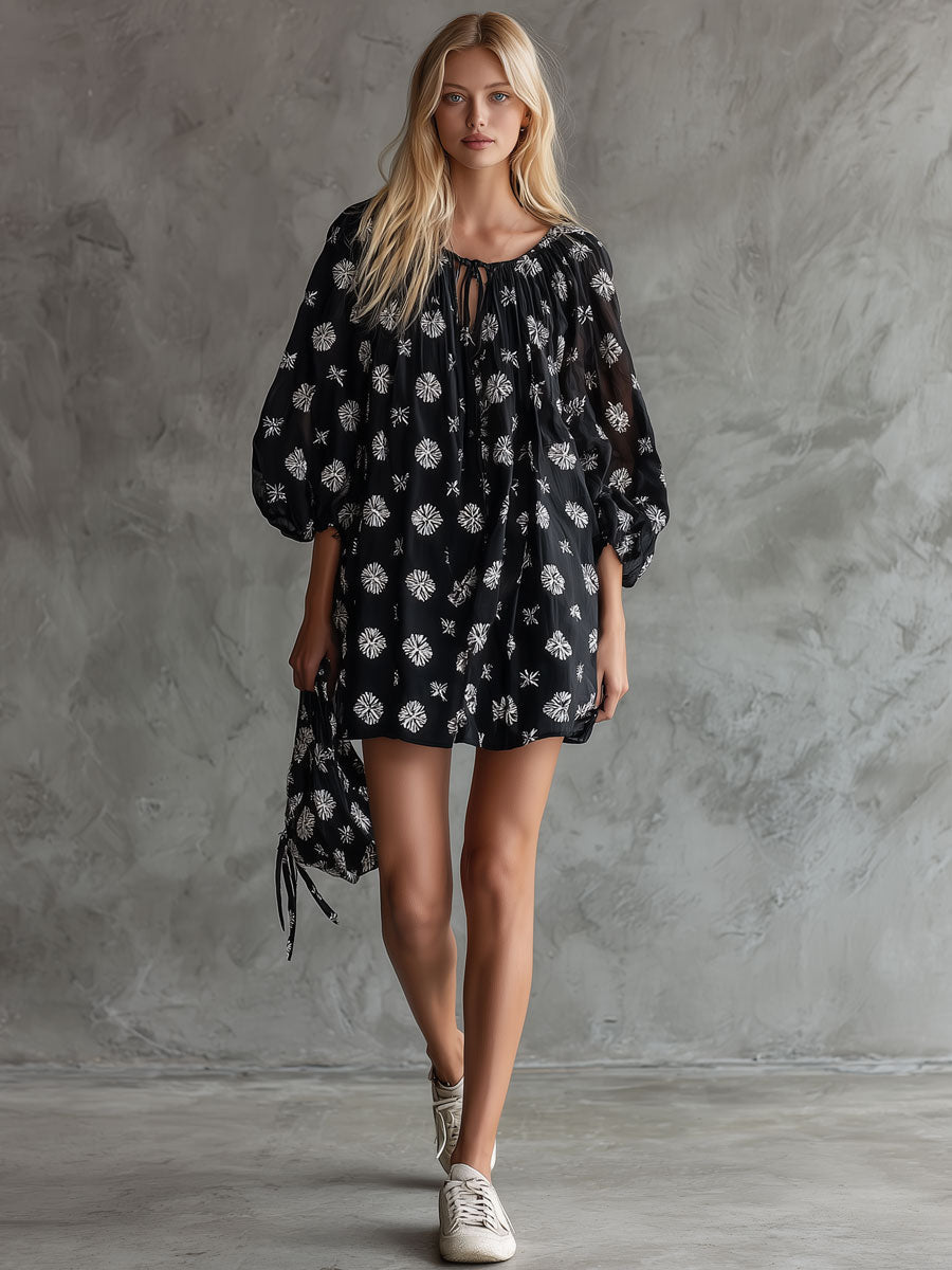 Retro Bohemian Print Black Round Neck Tie-Waist Chiffon Mini Dress