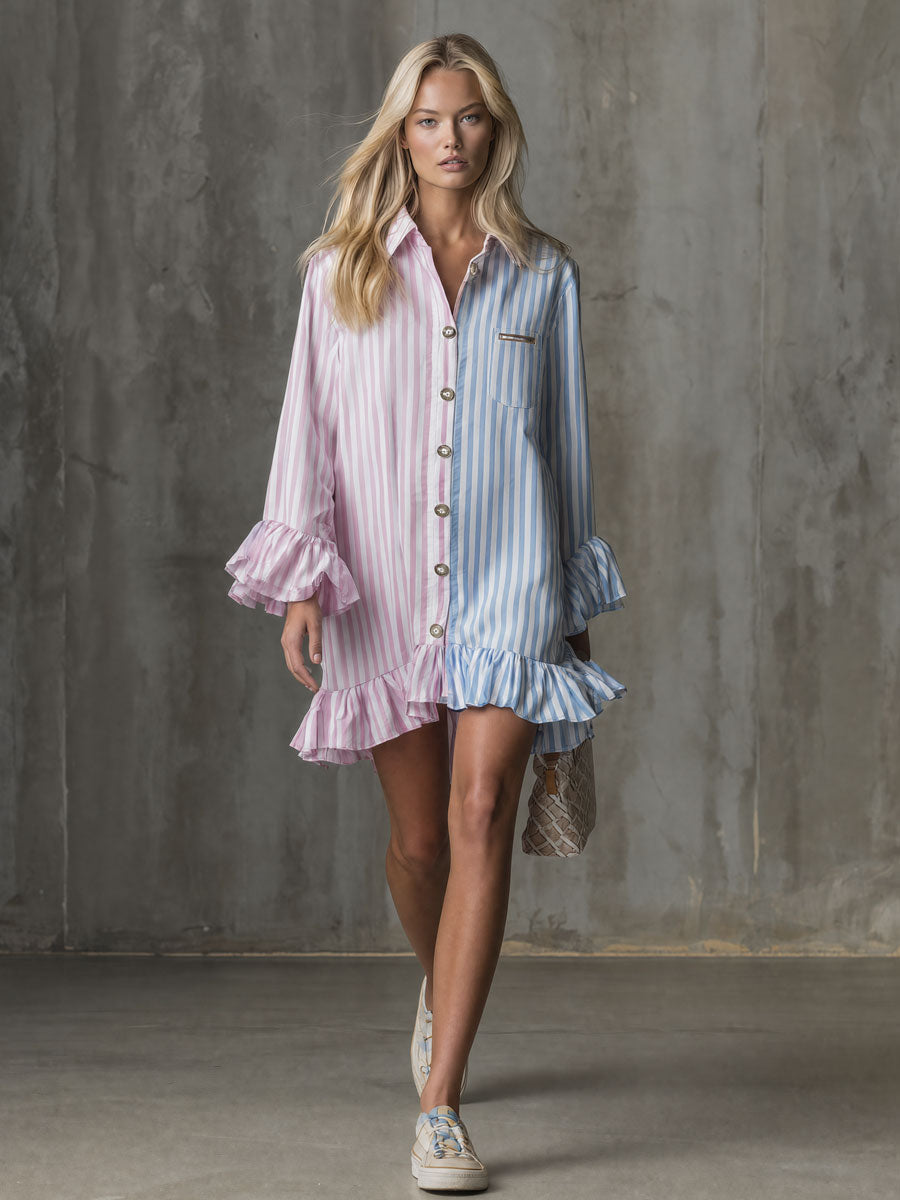 Retro Casual Color-blocked Striped Long-sleeved Ruffled Cotton Mini Dress