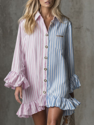 Retro Casual Color-blocked Striped Long-sleeved Ruffled Cotton Mini Dress