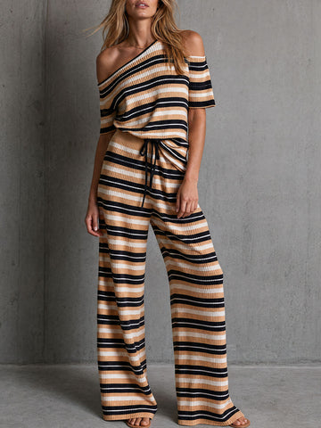 Retro Casual Color-blocked Striped Knit T-shirt And Pants Set