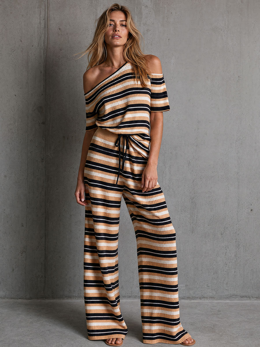 Retro Casual Color-blocked Striped Knit T-shirt And Pants Set