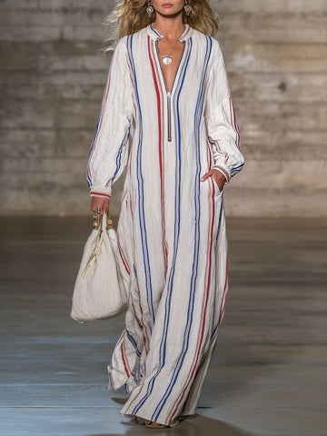 Casual Retro Striped Cotton Linen Long-sleeved Maxi Dress