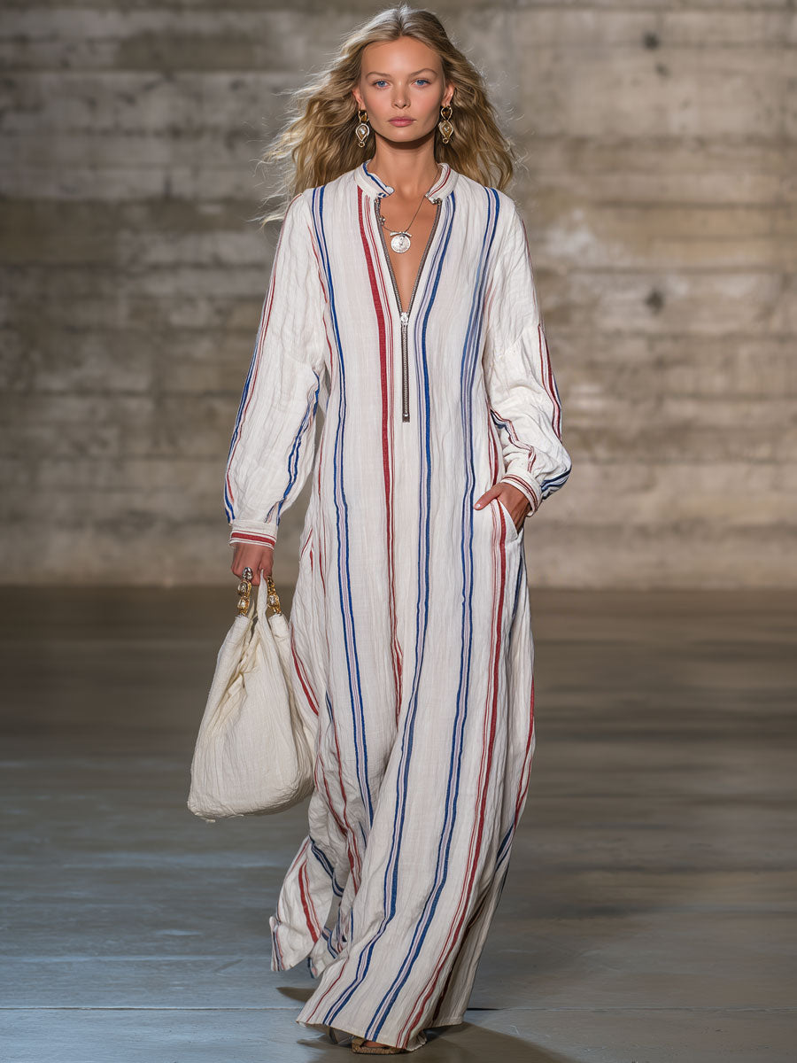 Casual Retro Striped Cotton Linen Long-sleeved Maxi Dress