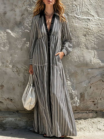 Casual Retro Black And White Striped Cotton And Linen Long-sleeved Maxi Dress