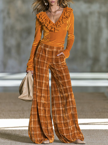 Elegant Retro Orange Long-sleeved Ruffled Top And Plaid Pants Set
