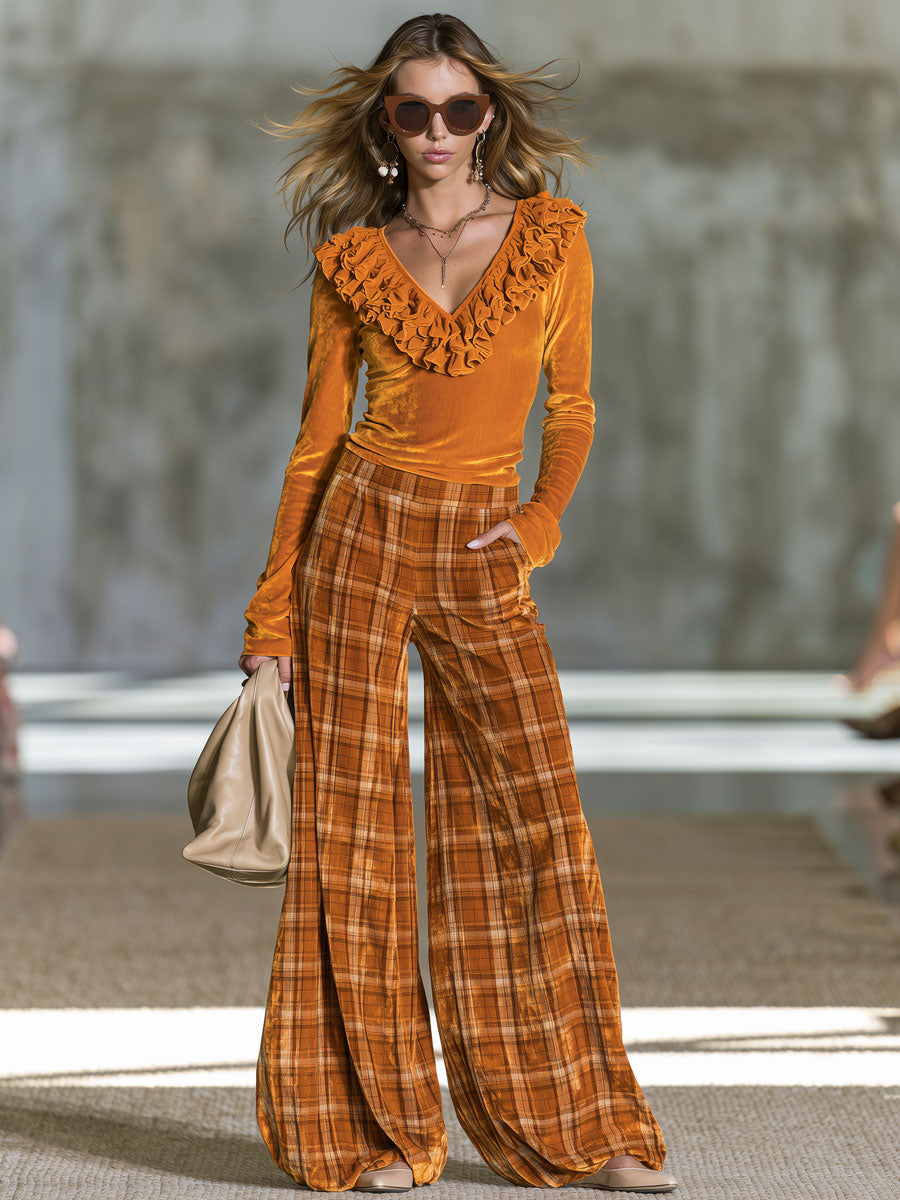 Elegant Retro Orange Long-sleeved Ruffled Top And Plaid Pants Set