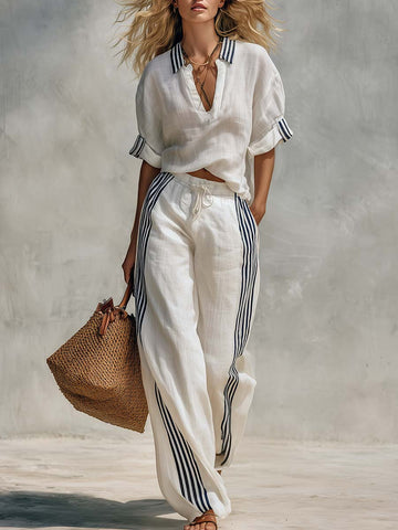Coastal White Striped Polo Cotton-Linen Top Wide-Leg Pants Set