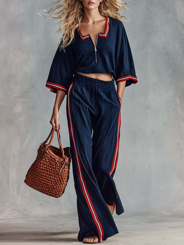 Retro Sporty Dark Blue Cotton Striped Half-Zip Square Neck Top Wide-Leg Pants Set