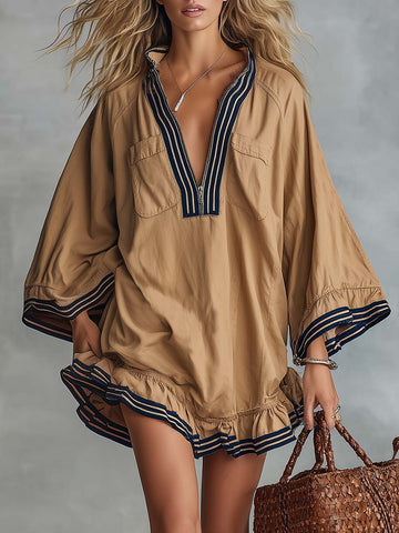 Coastal Khaki Cotton Half-Zip Striped-Trim Ruffle Oversized Mini Dress